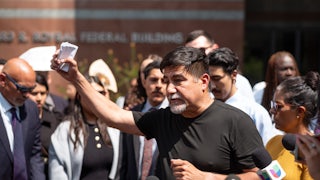 SEIU President David Huerta speaks to the media after he was released from federal court in Los Angeles on Monday, June 9, 2025. Huerta was detained by ICE last week.