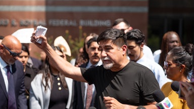 SEIU President David Huerta speaks to the media after he was released from federal court in Los Angeles on Monday, June 9, 2025. Huerta was detained by ICE last week.