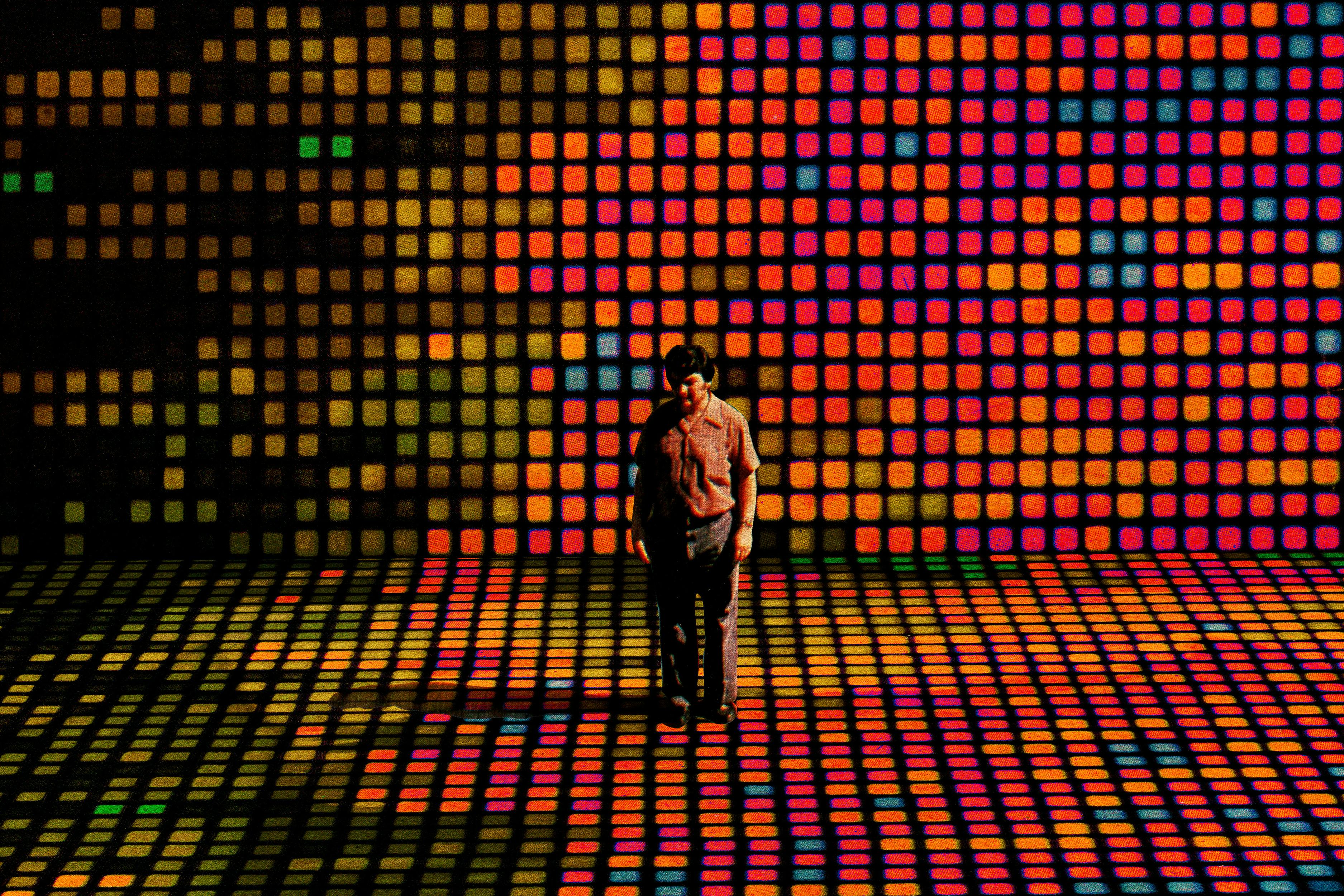 An illustration of a man standing on a stage of computer pixels 