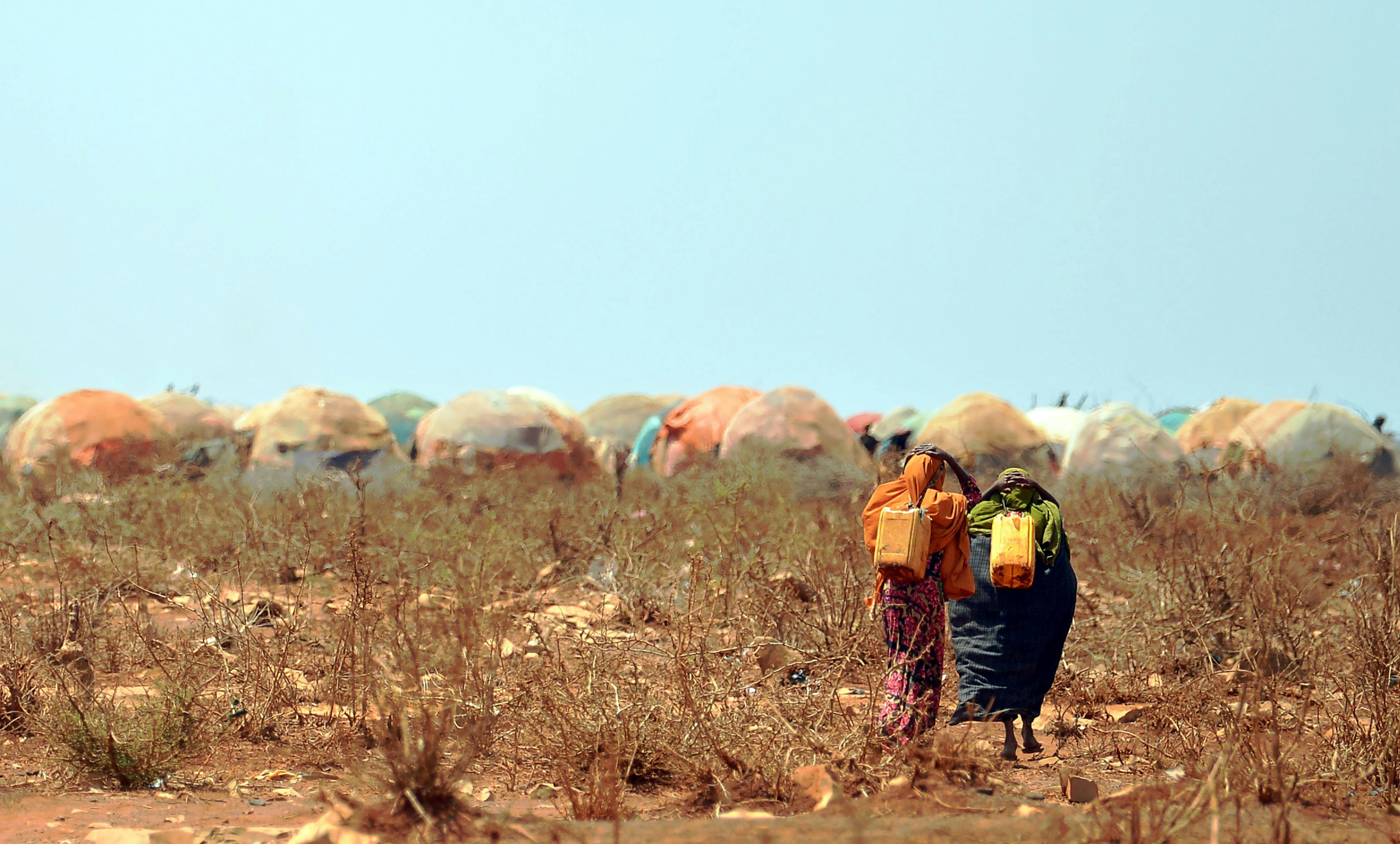 Two people walk away from the camera, surrounded by dried out vegetation, with tents in the background.