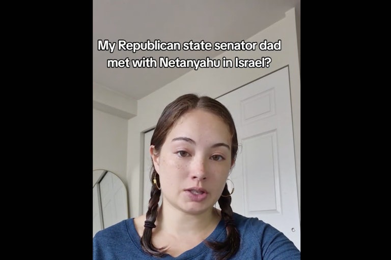 Screenshot of Maddie Block's TikTok with the caption "My Republican state senator dad met with Netanyahu in Israel?"