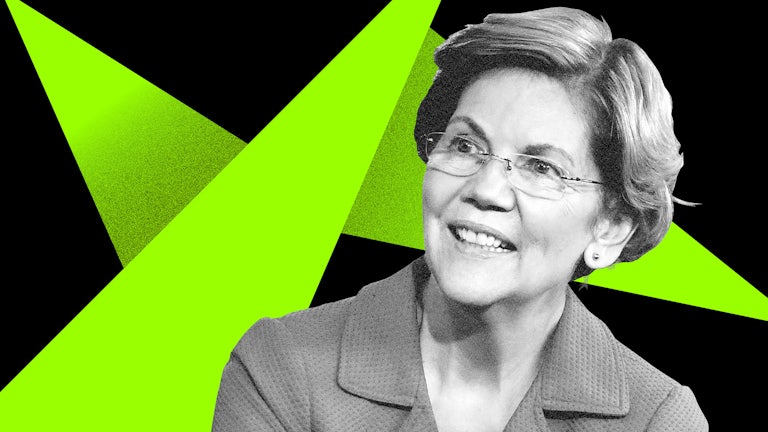 Elizabeth Warren in front of a green and black backdrop
