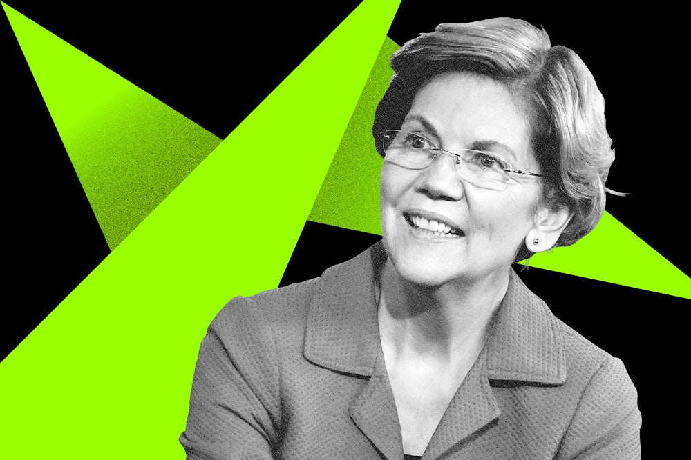 Elizabeth Warren in front of a green and black backdrop