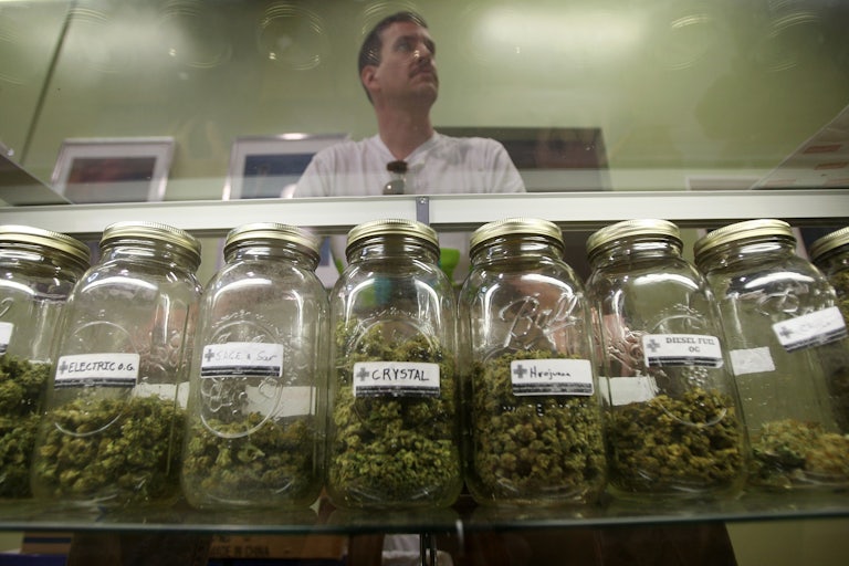 A man looks over the offerings at a weed dispensary.
