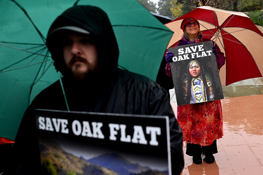 Protestors stand outside the 9th Circuit Court in Pasadena, California, to challenge a mining deal that would destroy the Oak Flat sacred site in Arizona.