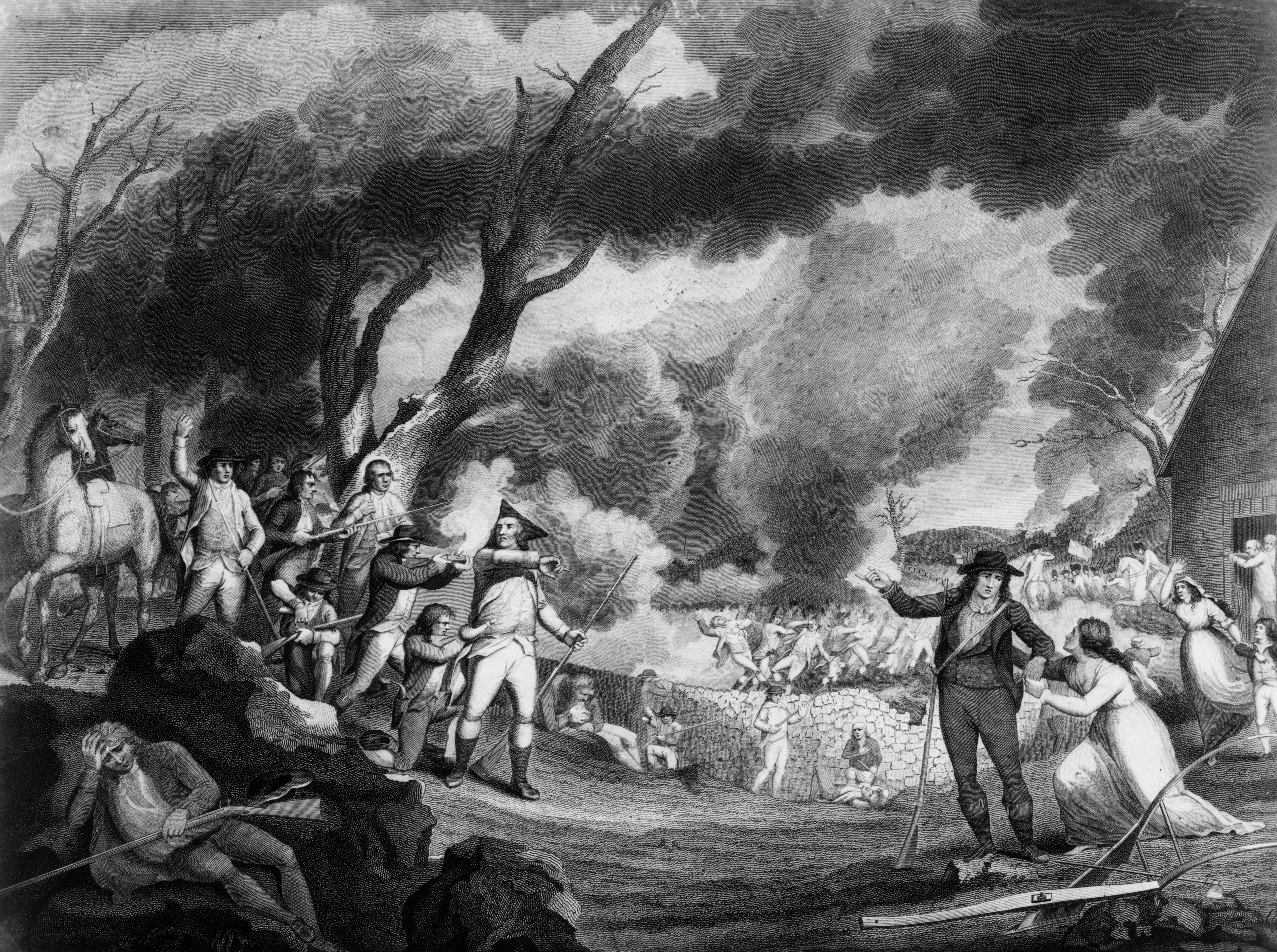 A woodcut of the 1775 Battle of Lexington with  British troops opening fire on a band of colonial minutemen, the first military encounter of the American War of Independence. A young woman clings to the arm of a minuteman as he goes to join his comrades.