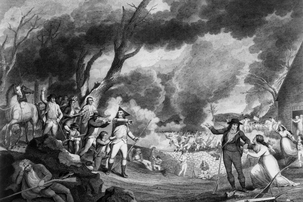 A woodcut of the 1775 Battle of Lexington with  British troops opening fire on a band of colonial minutemen, the first military encounter of the American War of Independence. A young woman clings to the arm of a minuteman as he goes to join his comrades.