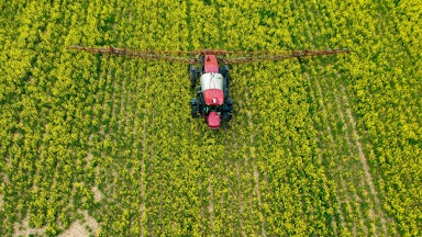 An agricultural vehicle drives through a crop field.