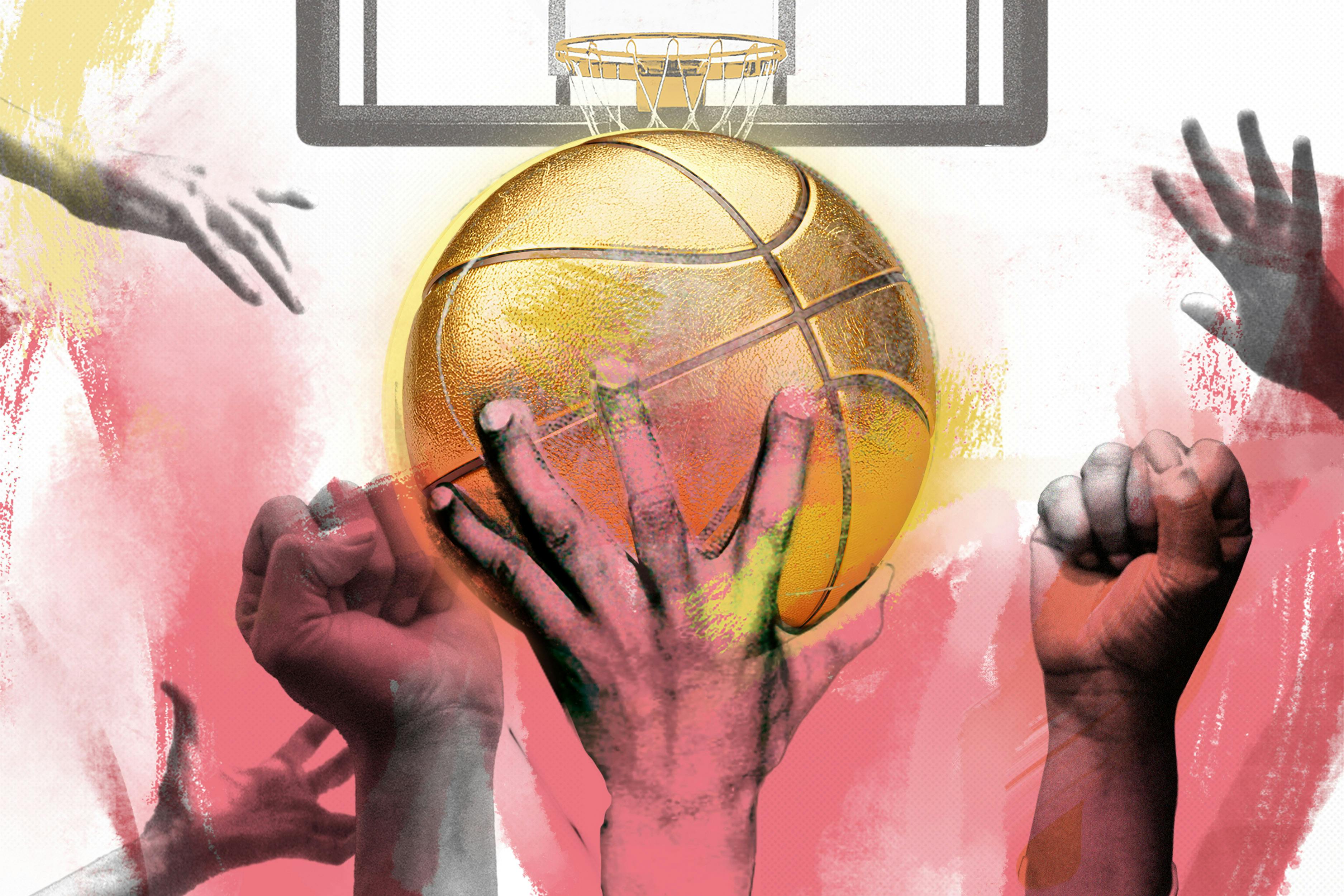 A photo illustration of many hands and a pair of fists reaching towards a golden basketball 