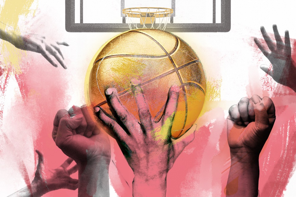 A photo illustration of many hands and a pair of fists reaching towards a golden basketball