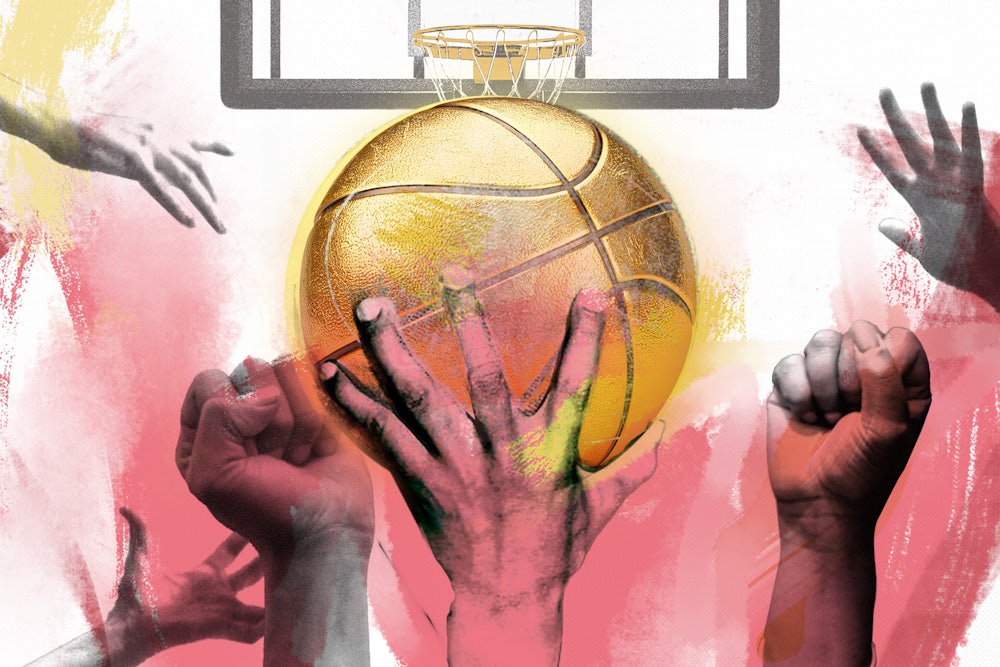 A photo illustration of many hands and a pair of fists reaching towards a golden basketball