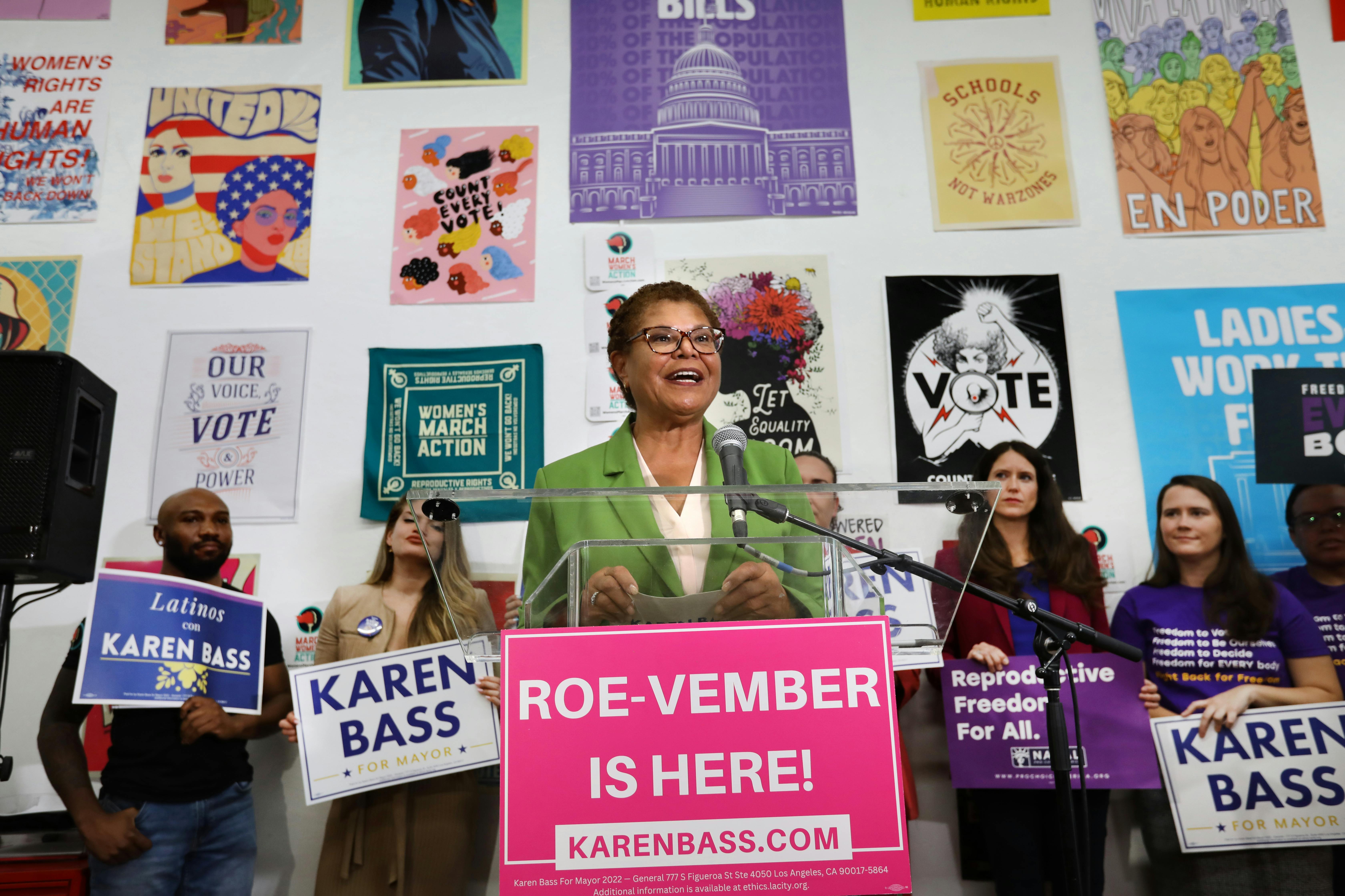 Los Angeles Mayor Karen Bass speaks behind a lectern with a sign referring to "Roevember" at a pro-choice event in 2022. Democrats have revived "Roevember" as a rallying cry ahead of the 2024 contest.