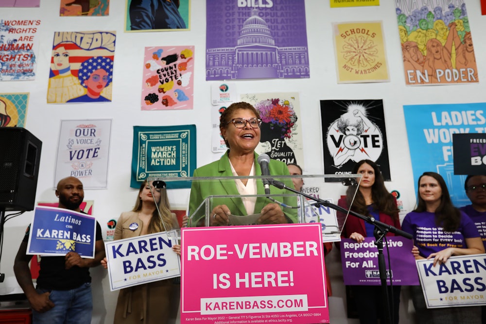Los Angeles Mayor Karen Bass speaks behind a lectern with a sign referring to "Roevember" at a pro-choice event in 2022. Democrats have revived "Roevember" as a rallying cry ahead of the 2024 contest.
