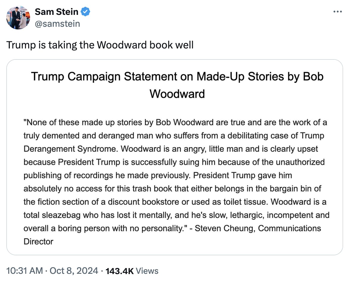 Twitter screenshot Sam Stein @samstein: Trump is taking the Woodward book well (screenshot of full statement from Steven Cheung)