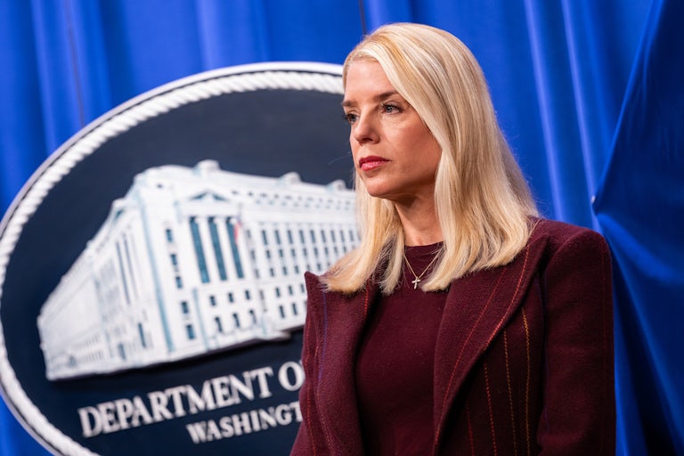 Attorney General Pam Bondi stands in the White House press briefing room