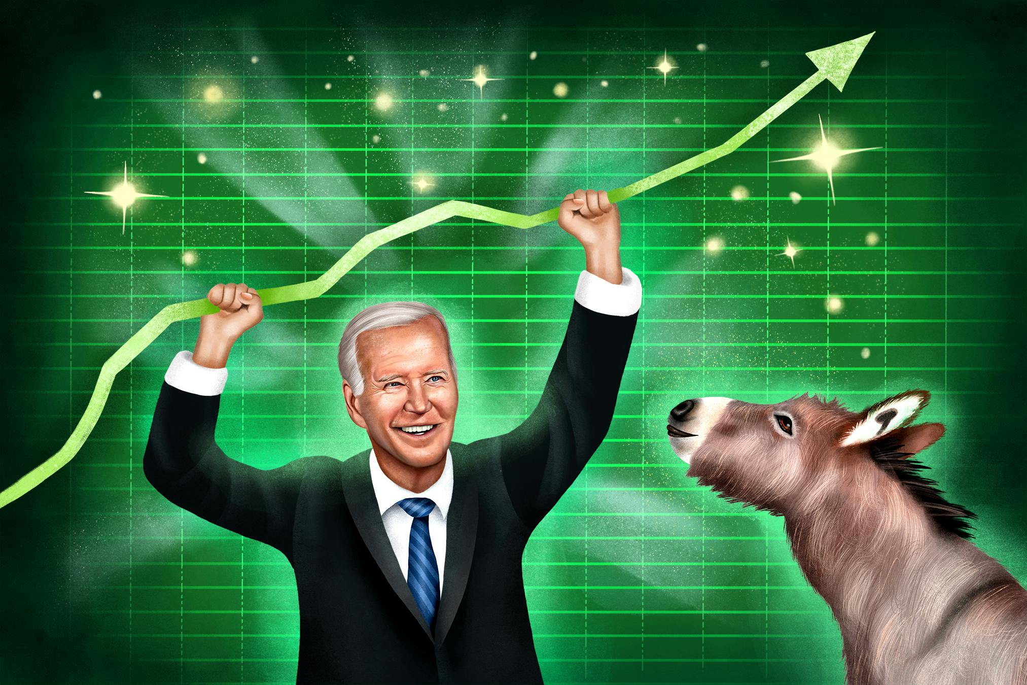 An illustration of Biden wrestling an inflation arrow with a donkey in the corner 