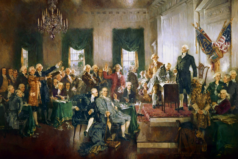 Painting of George Washington at the signing of the Constitution at Independence Hall, 1787.