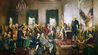 Painting of George Washington at the signing of the Constitution at Independence Hall, 1787.