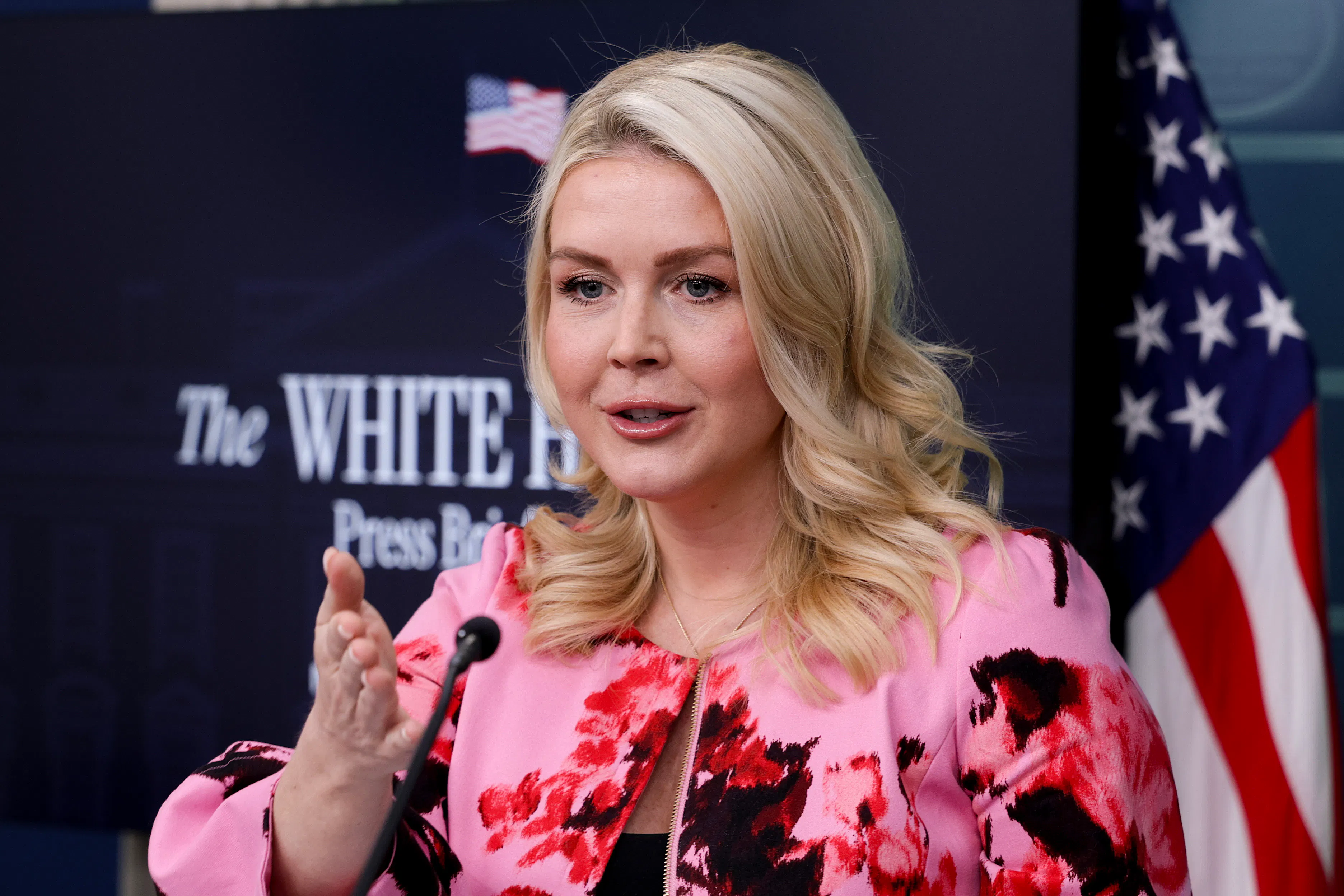Karoline Leavitt gestures and speaks at a podium during a White House press briefing.