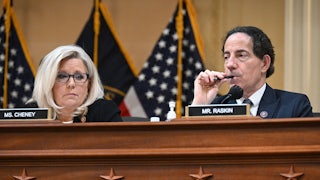 Reps. Jamie Raskin and Liz Cheney listen during a January 6 Committee hearing.
