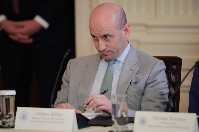 Stephen Miller sits in Donald Trump’s "Make America Healthy Again" press conference