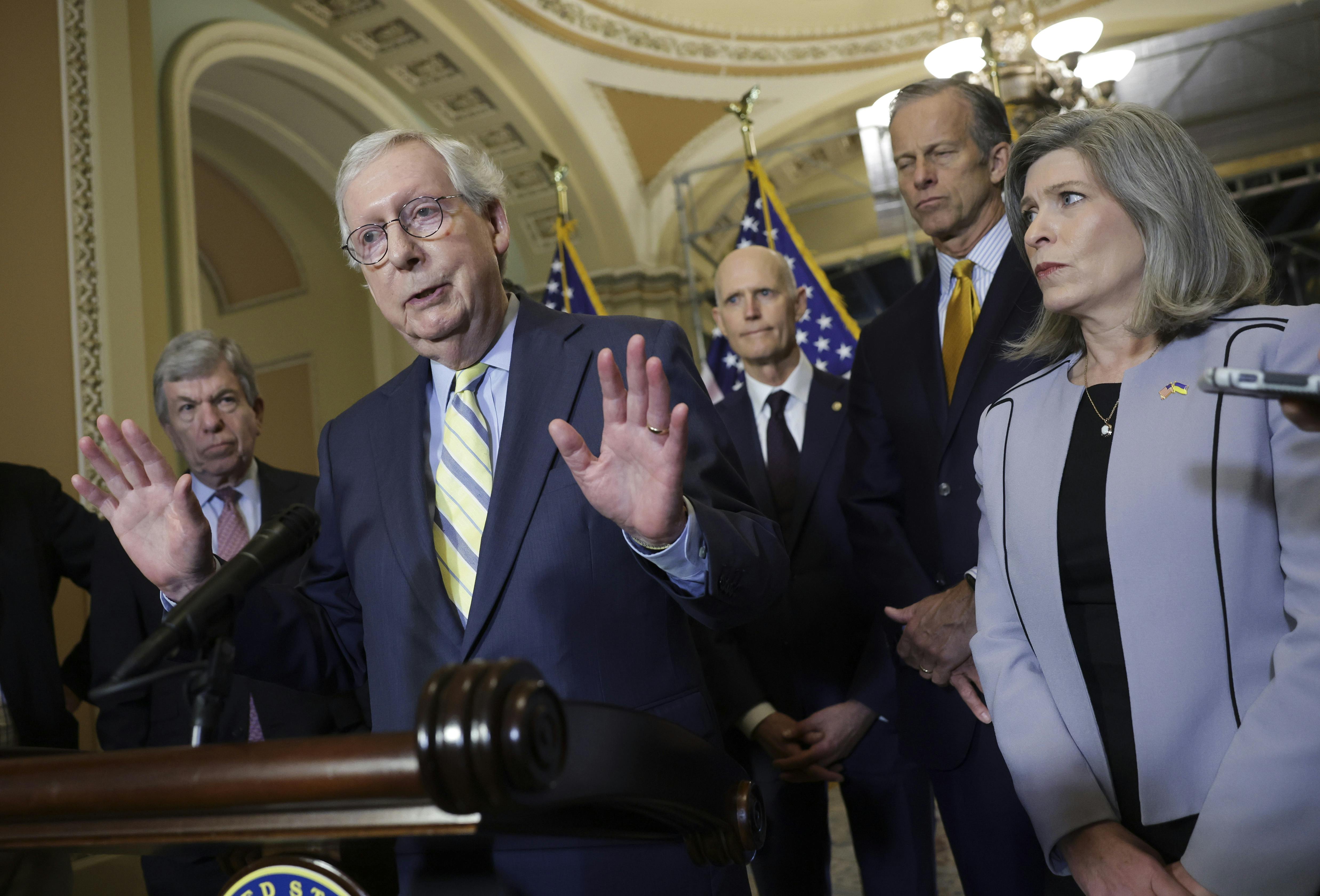 Senate Minority Leader Mitch McConnell speaks to reporters.