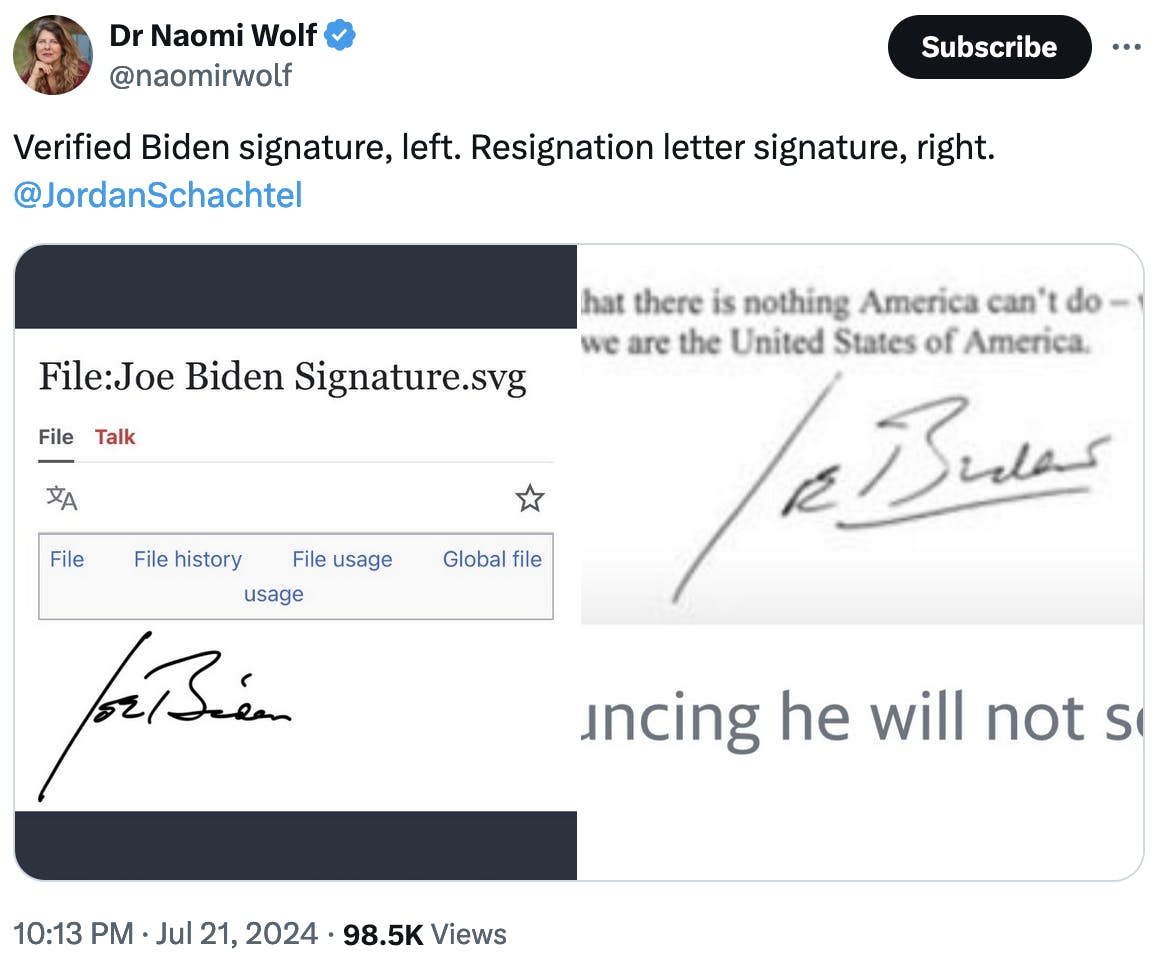 Twitter screenshot Dr Naomi Wolf @naomirwolf Verified Biden signature, left. Resignation letter signature, right. ⁦@JordanSchachtel ⁩