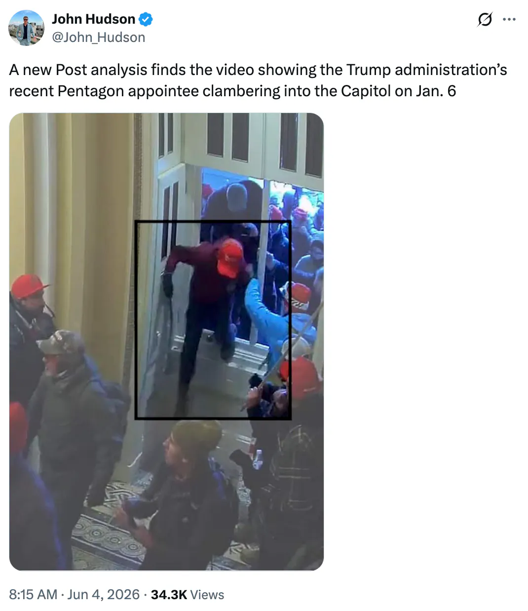 X screenshot John Hudson
@John_Hudson
A new Post analysis finds the video showing the Trump administration’s recent Pentagon appointee clambering into the Capitol on Jan. 6

(screenshot of video)