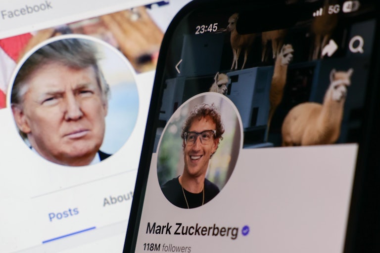 A laptop displays Donald Trump’s Facebook account, and a phone displays Mark Zuckerberg’s Facebook account
