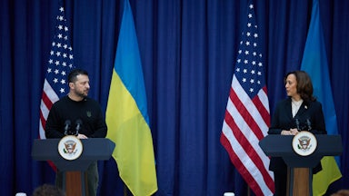 Ukrainian President Volodymyr Zelenskiy and Vice President Kamala Harris hold a joint press conference during the 60th Munich Security Conference.