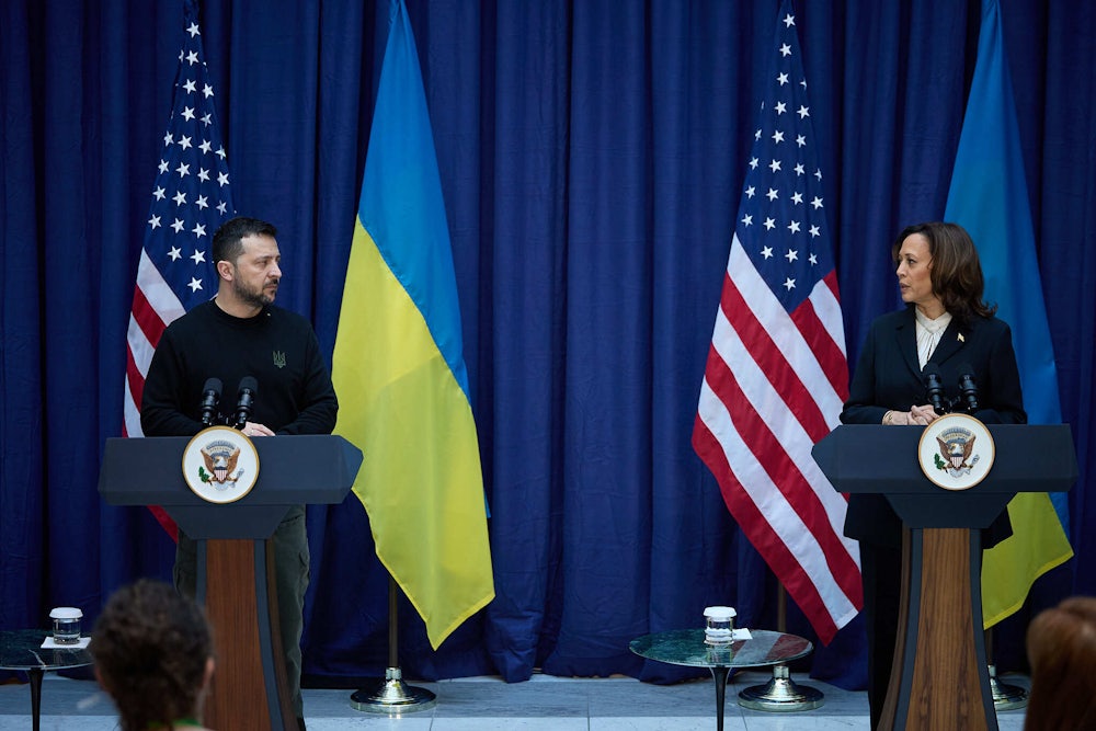 Ukrainian President Volodymyr Zelenskiy and Vice President Kamala Harris hold a joint press conference during the 60th Munich Security Conference.