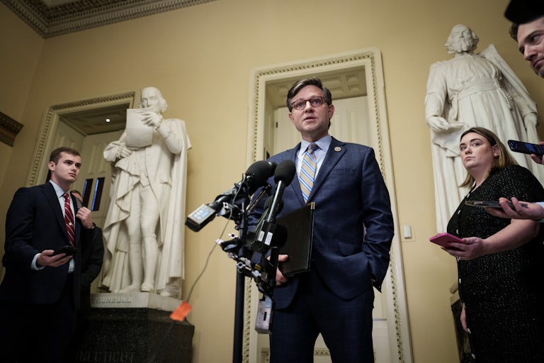 Mike Johnson gives a press conference in the Capitol