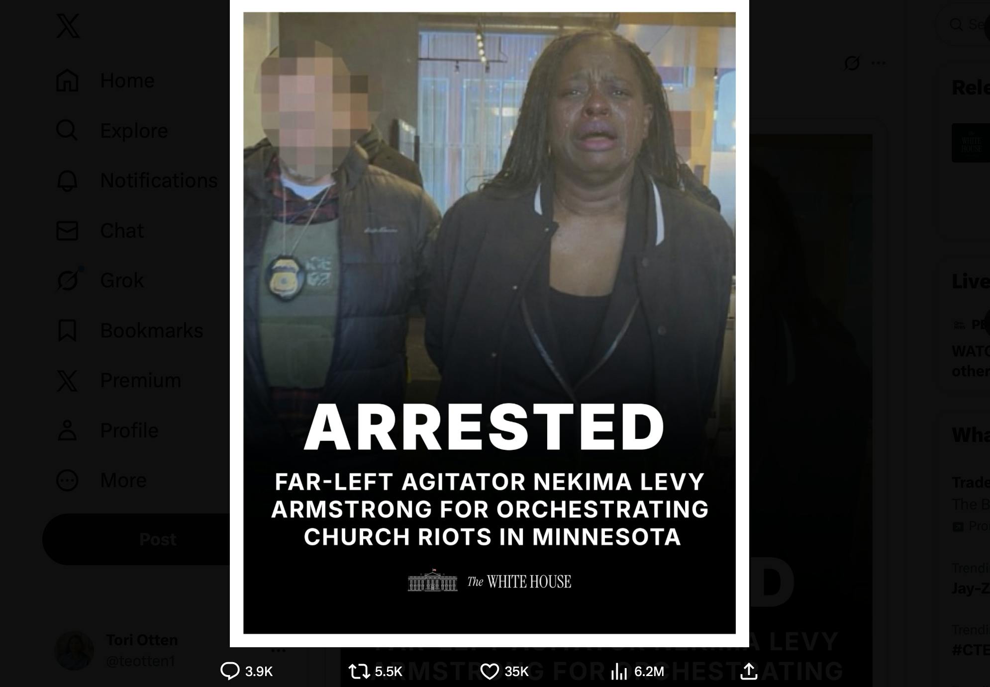 A screenshot of the AI-altered image of Nekima Levy-Armstrong's arrest that the White House posted on X