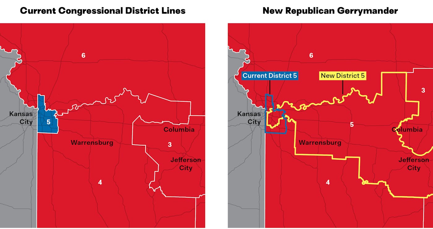Below left: A map of the current Missouri congressional district lines, used in 2022 and 2024. Note that Kansas City and environs are given their own compact and contiguous district, the 5th, capable of electing a Democrat to fairly represent all the Democrats who live there. Right: A map that shows the proposed lines the Republicans want to use for 2026. The compact, urban 5th District would disappear, portions of it given over to three new districts with broad rural swaths that would almost surely go Republican.