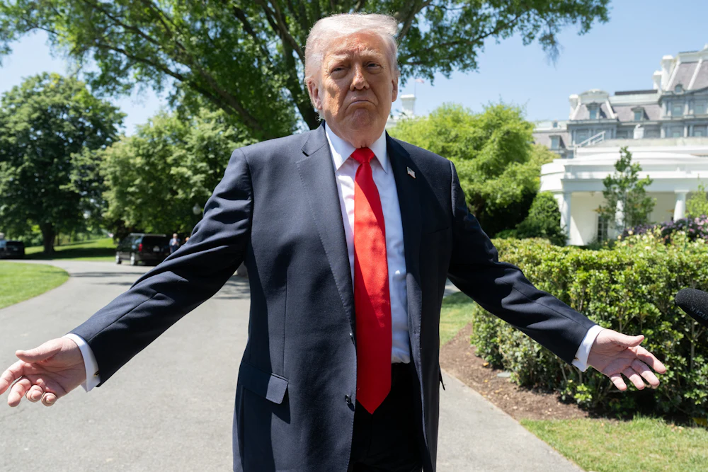 US President Donald Trump speaks with the media prior to departing from the South Lawn of the White House in Washington, DC, May 1, 2026. Trump is going to Florida to speak at an event at The Villages and to attend the Forum Club of the Palm Beaches dinner.