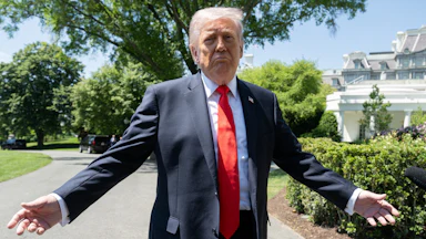 US President Donald Trump speaks with the media prior to departing from the South Lawn of the White House in Washington, DC, May 1, 2026. Trump is going to Florida to speak at an event at The Villages and to attend the Forum Club of the Palm Beaches dinner.