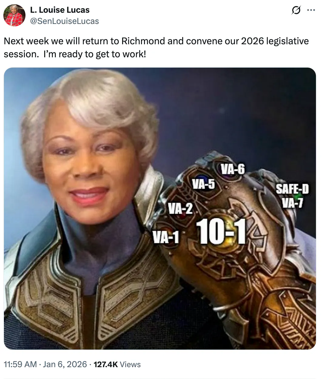 X screenshot L. Louise Lucas
@SenLouiseLucas
Next week we will return to Richmond and convene our 2026 legislative session.  I’m ready to get to work!

photo meme