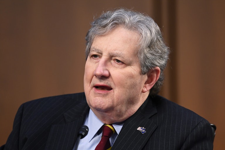 Senator John Neely Kennedy, mouth ajar, in a congressional hearing