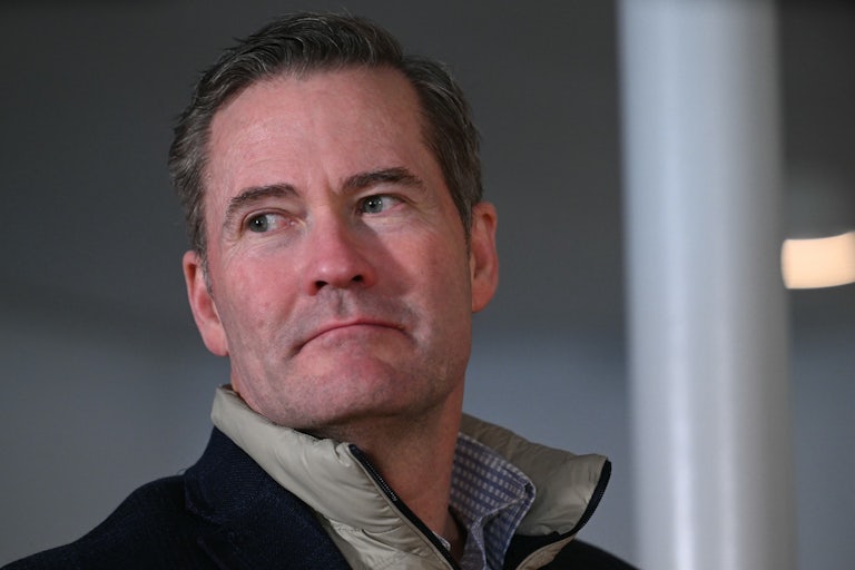 National Security Adviser Mike Waltz looks to the side while visiting a space base in Greenland