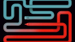 Illustration of a blue (liberal) pencil morphing into a red (conservative) pencil