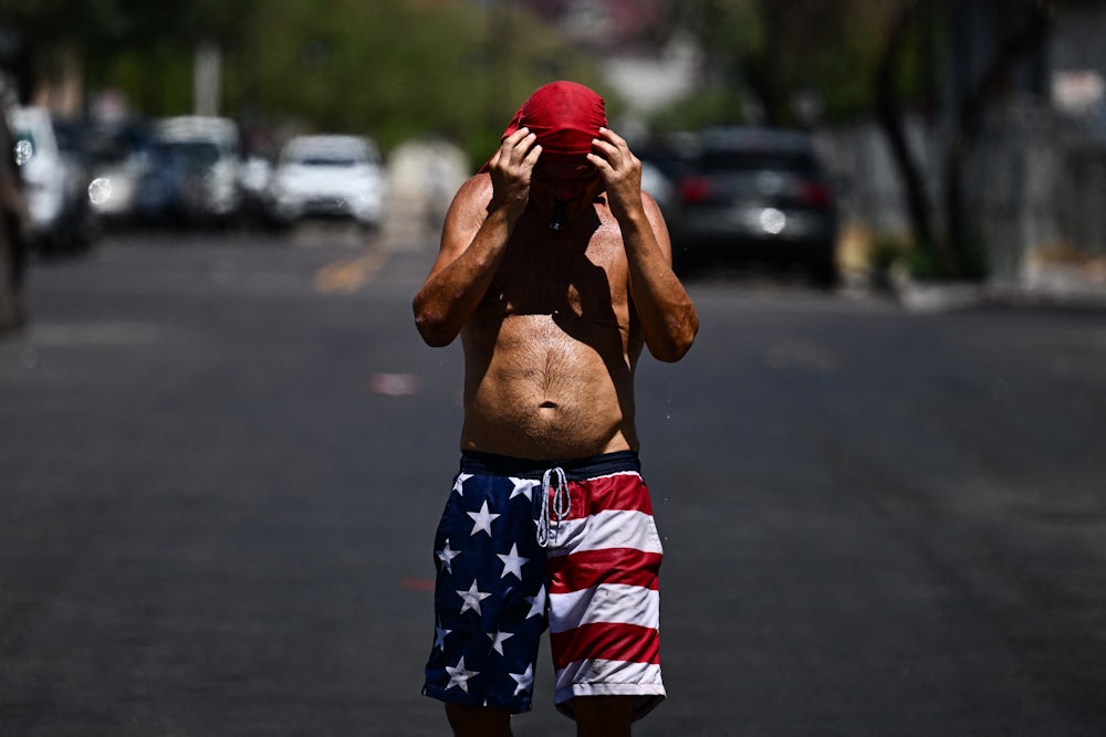 Shirtless man overheating