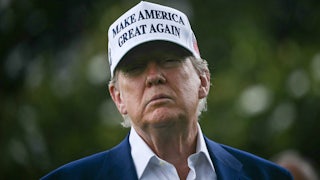 Donald Trump wears a white "Make America Great Again" hat and stands on the White House lawn