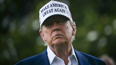 Donald Trump wears a white "Make America Great Again" hat and stands on the White House lawn