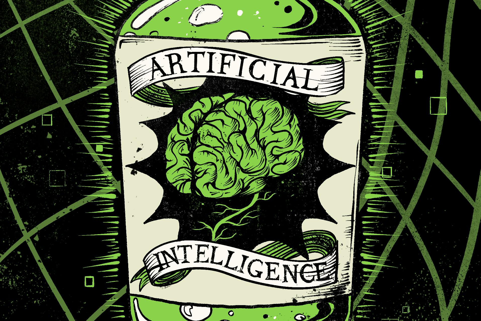 A bottle of Artificial Intelligence potion on a futuristic background