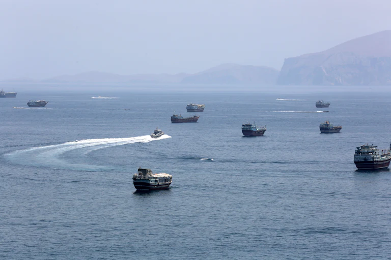 Ships in the Strait of Hormuz near Khasab, a small town in northern Oman, on June 20