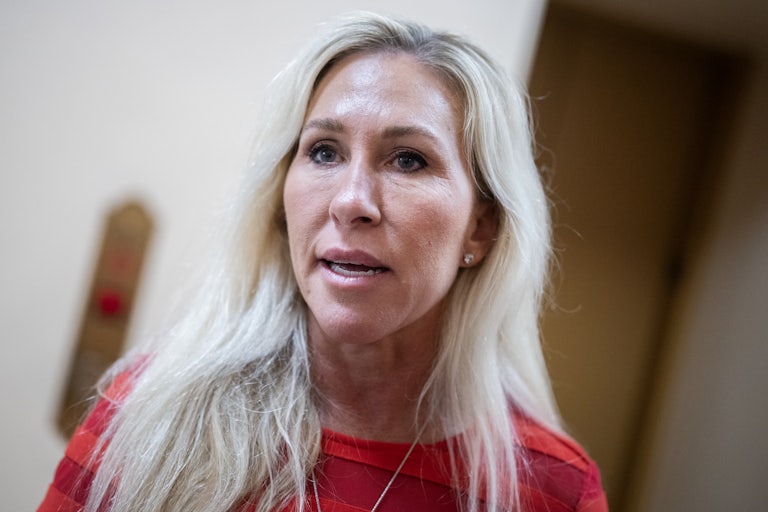 Representative Marjorie Taylor Greene speaks to reporters in the Capitol