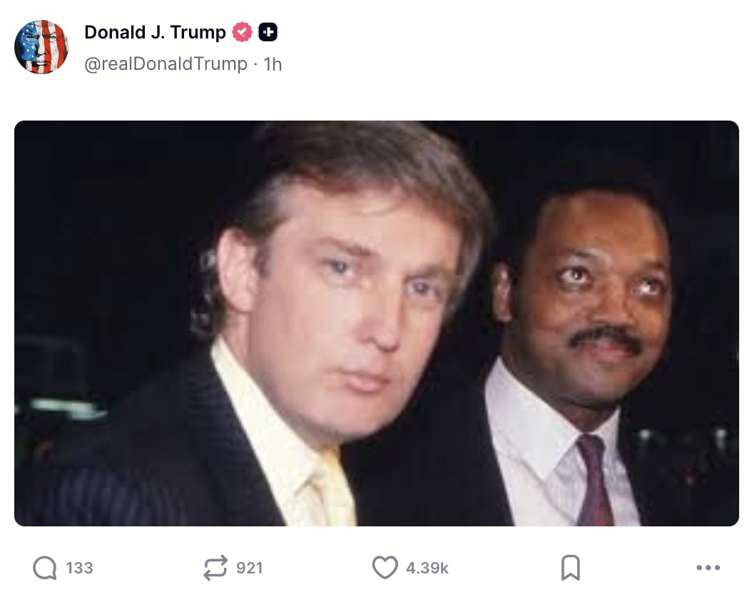 Truth Social Trump screenshot photo of him and Jesse JAckson
