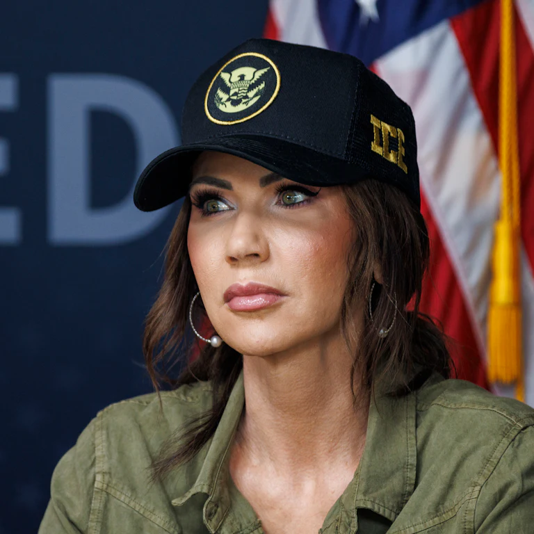 Homeland Security Secretary Kristi Noem wearing an ICE hat