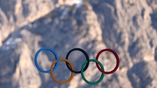The Olympic rings at the Milano Cortino Winter Olympics
