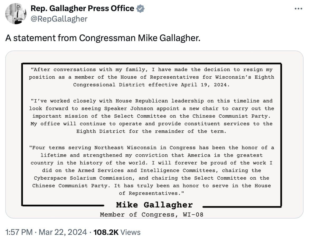 Screenshot of a tweet from Mike Gallagher 